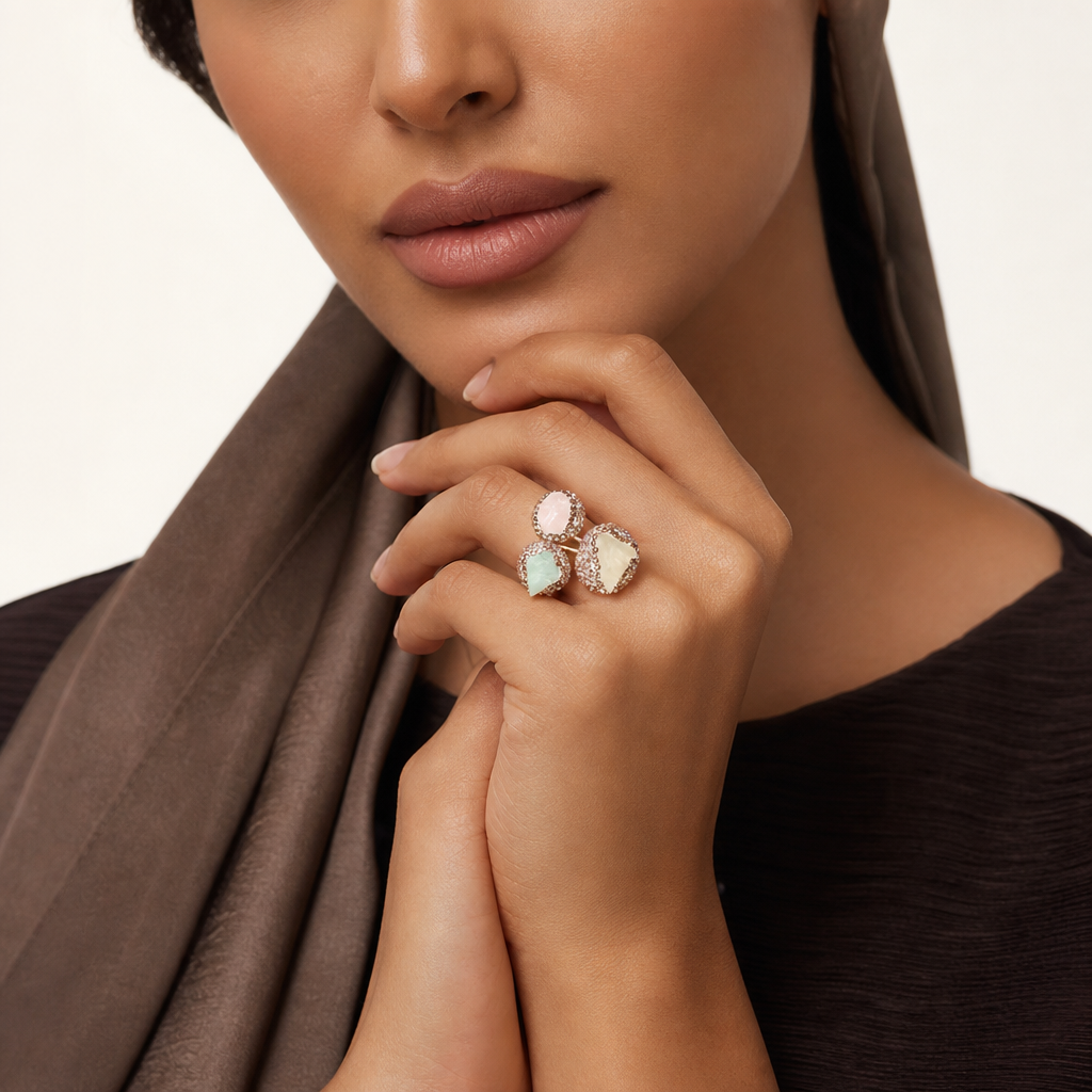 خاتم اللؤلؤ وعين النمر، صورة للمنتج — R-0006-green stone — صورة 2