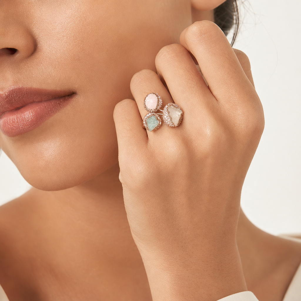 خاتم اللؤلؤ وعين النمر، صورة للمنتج — R-0006-green stone — صورة 3